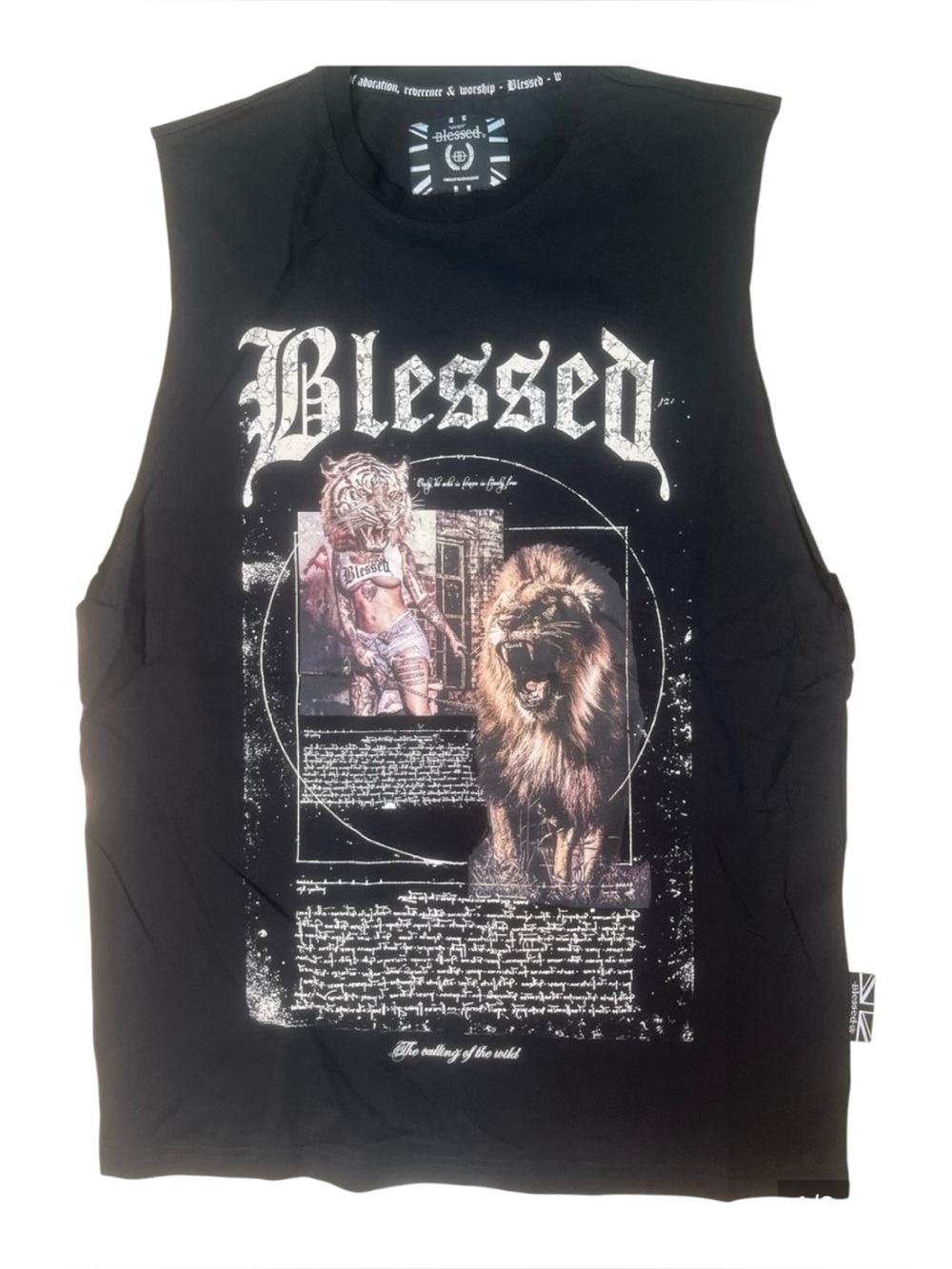 Sz M Blessed Graphic Muscle Tee - Black with White/Brown Print